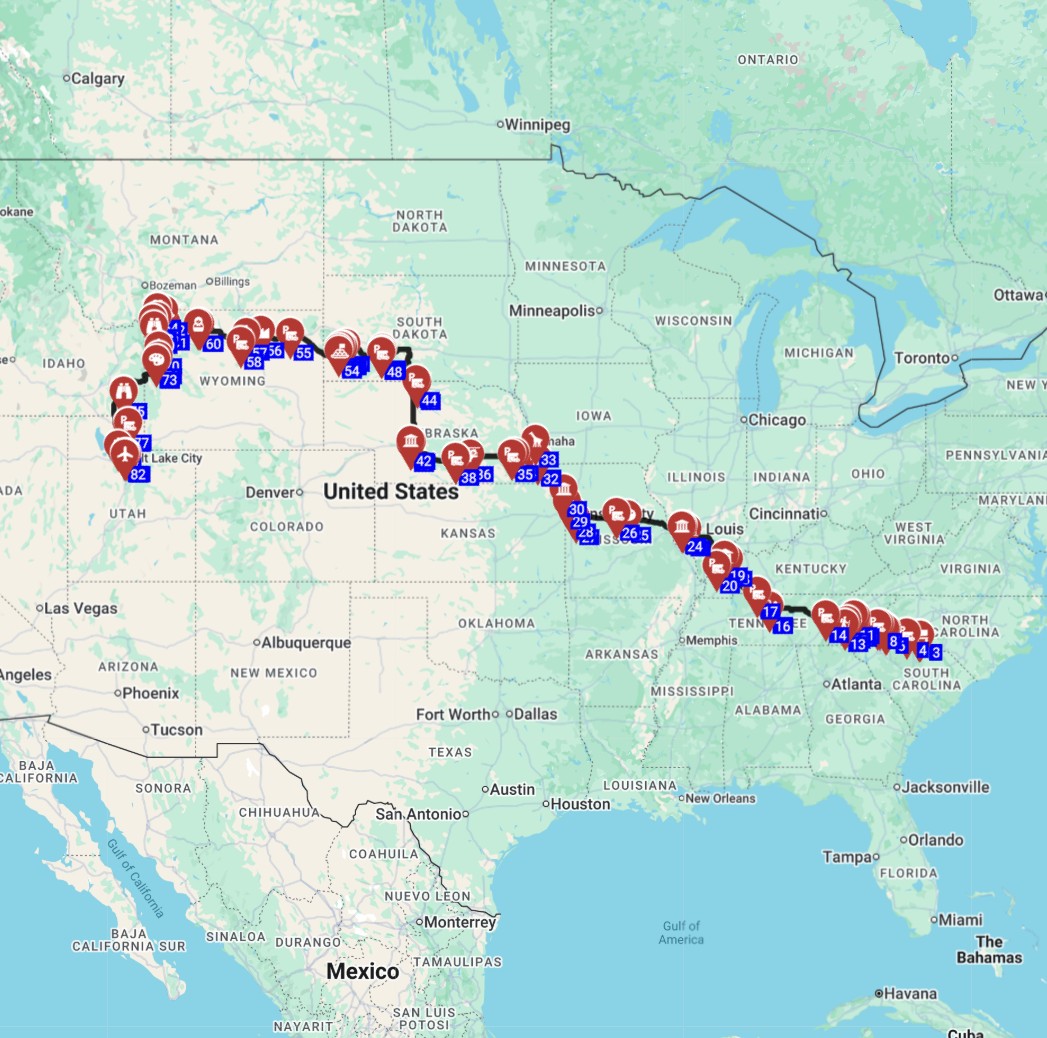 Map for תכנון מסלול טיול קרוואנים בארהב והשכרת קרוואן משארלוט לסולט לייק סיטי